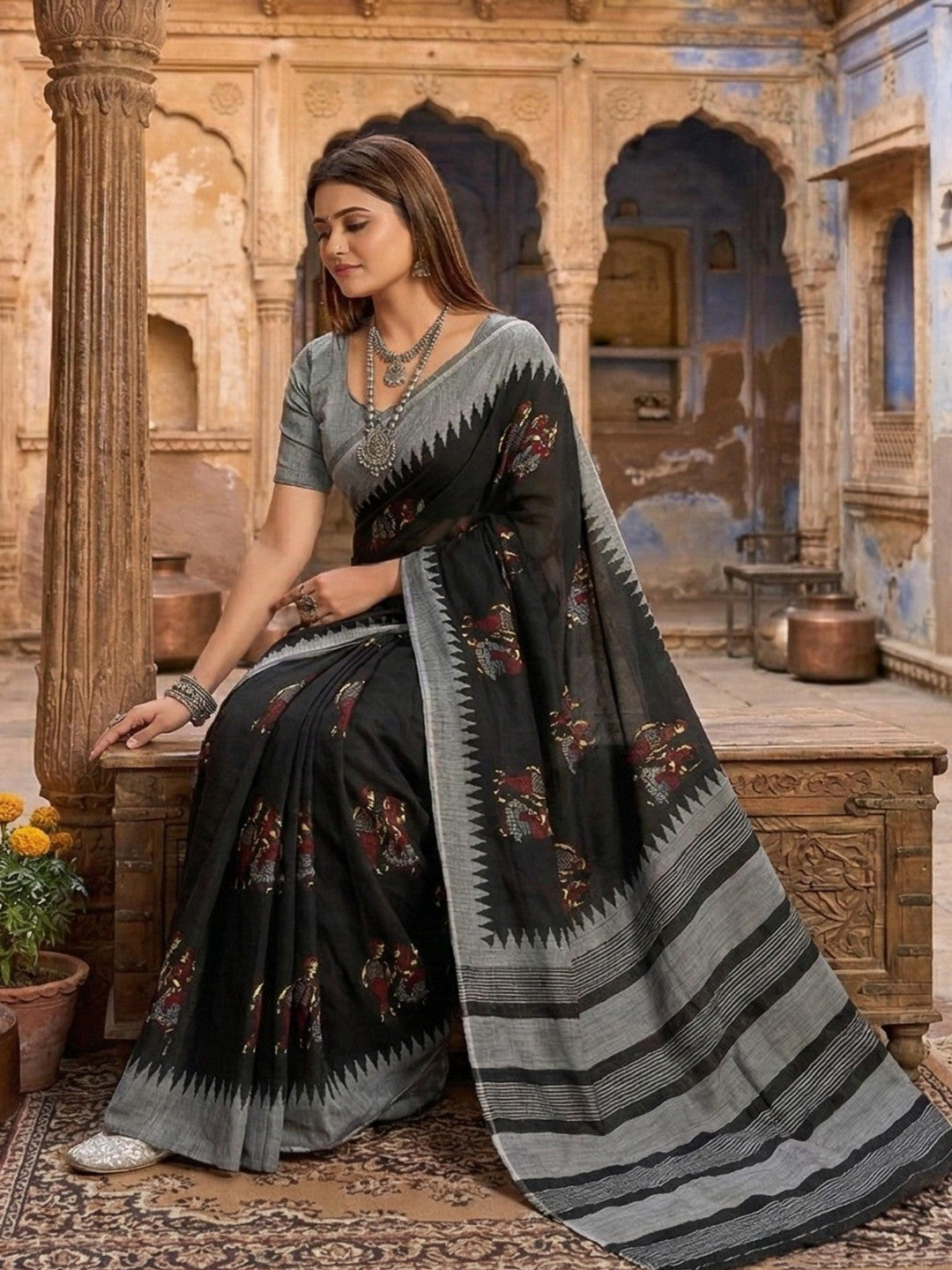 Classic Black Warli Inspired Printed Mulmul Cotton Saree With Artistic Striped Design Pallu - Image 2