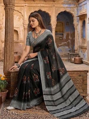 Classic Black Warli Inspired Printed Mulmul Cotton Saree With Artistic Striped Design Pallu - Image 2