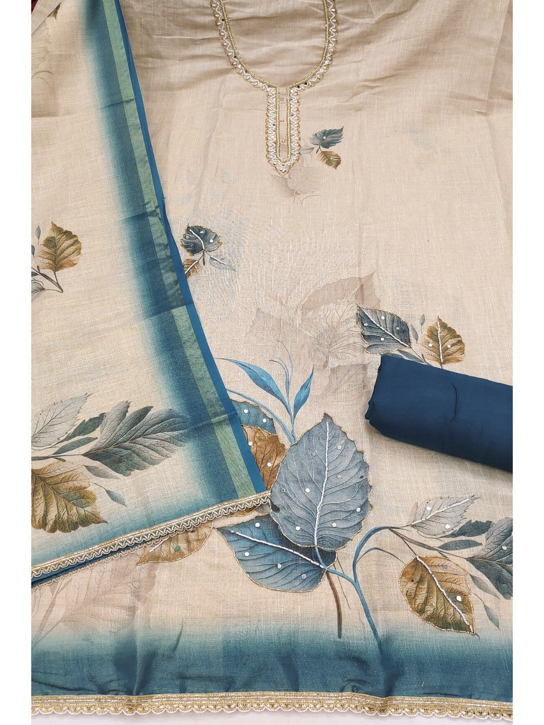 Beige & Blue Linen Floral Printed Unstitched Suit Material for Stylish Traditional Outfits - Image 5