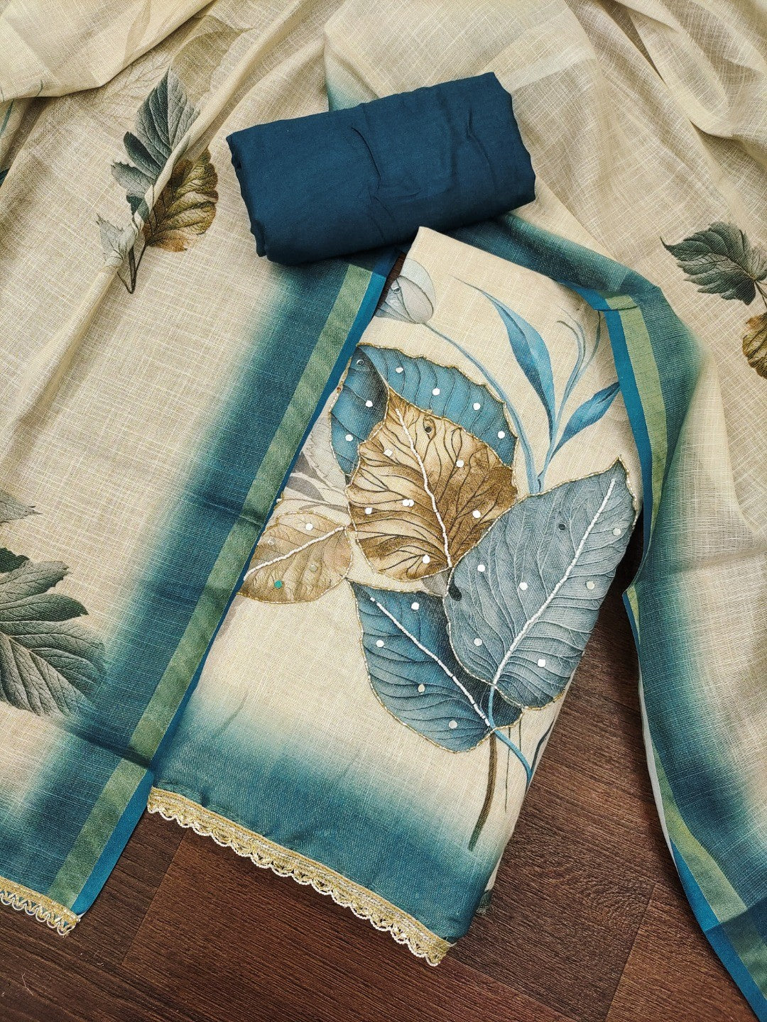 Beige & Blue Linen Floral Printed Unstitched Suit Material for Stylish Traditional Outfits - Image 4