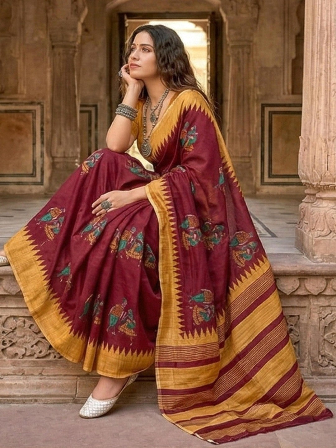 Classic Maroon Warli Inspired Printed Mulmul Cotton Saree With Artistic Striped Design Pallu - Image 4
