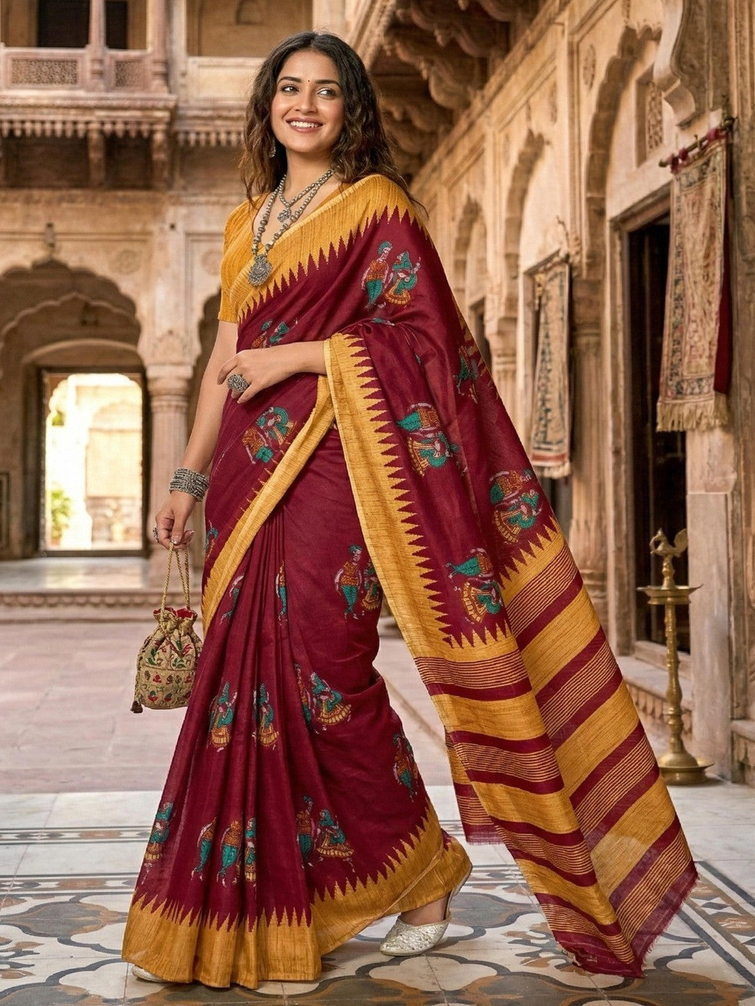 Classic Maroon Warli Inspired Printed Mulmul Cotton Saree With Artistic Striped Design Pallu - Image 1