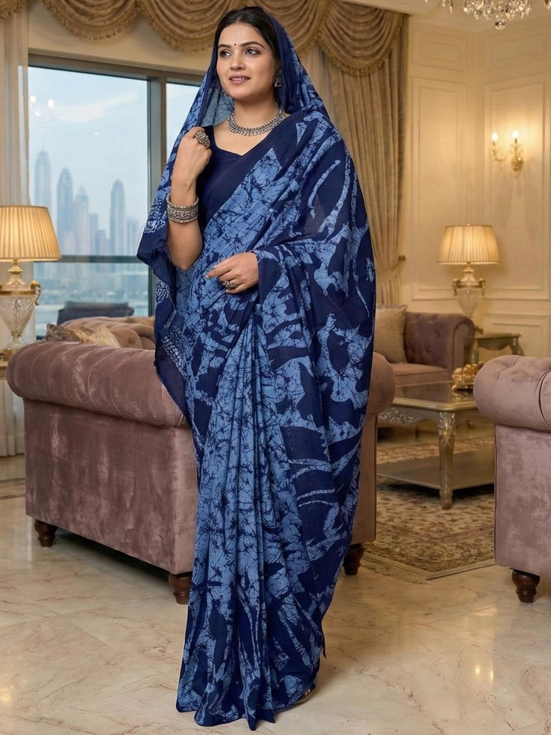 Timeless Blue Abstract Printed Mulmul Cotton Saree With Elegant Pattern Work - Image 1