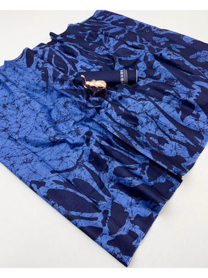 Timeless Blue Abstract Printed Mulmul Cotton Saree With Elegant Pattern Work - Image 2