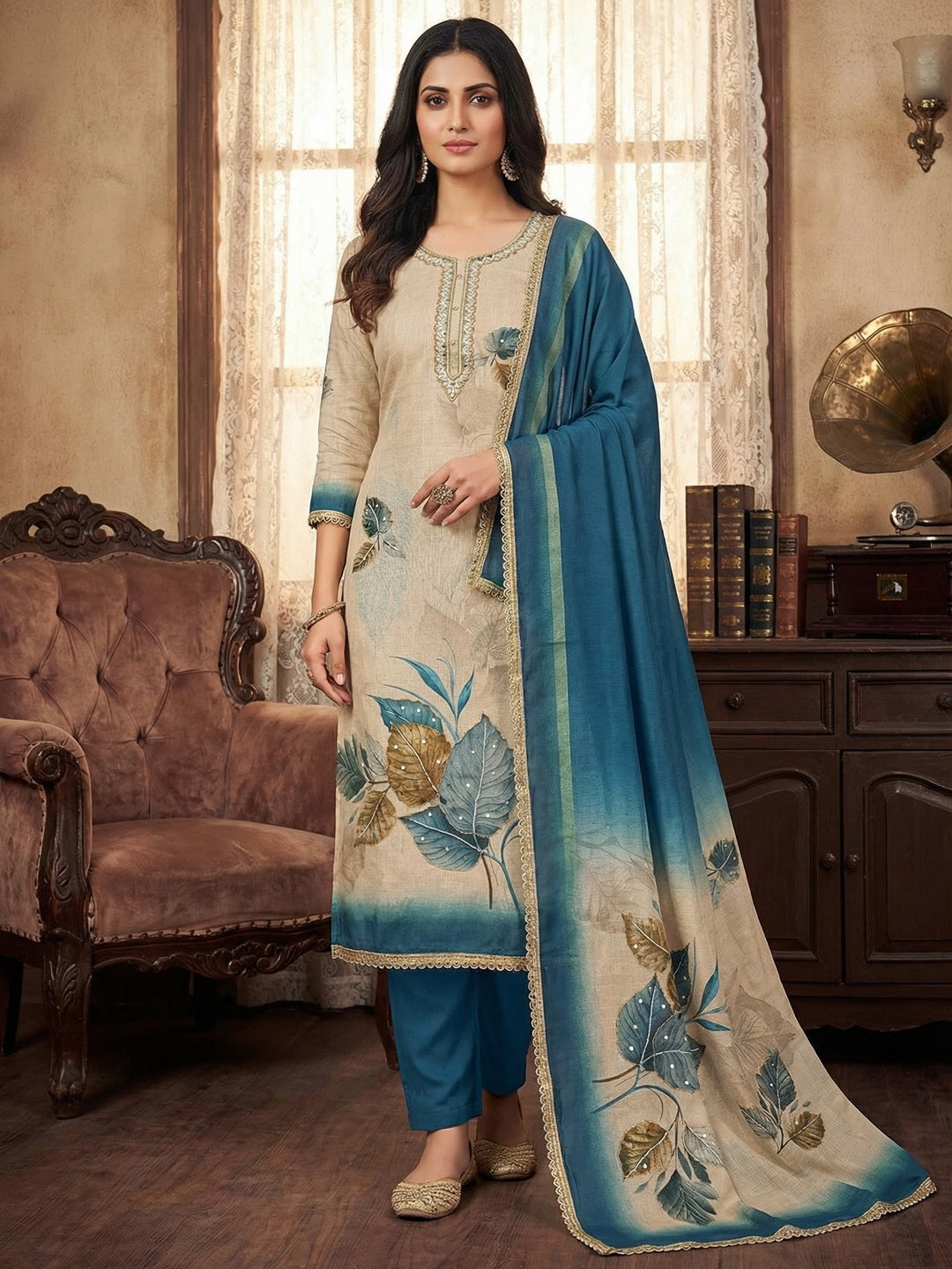 Beige & Blue Linen Floral Printed Unstitched Suit Material for Stylish Traditional Outfits - Image 2