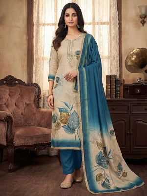 Beige & Blue Linen Floral Printed Unstitched Suit Material for Stylish Traditional Outfits - Image 2