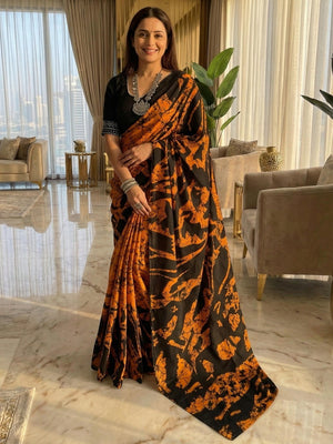Timeless Orange Abstract Printed Mulmul Cotton Saree With Elegant Pattern Work - Image 1