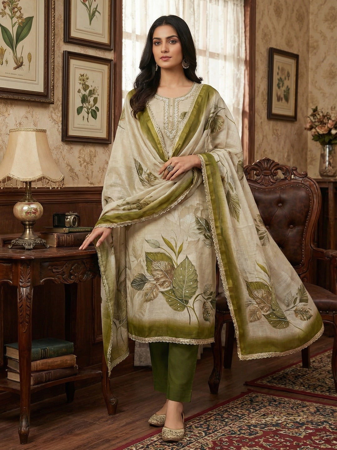 Beige & Green Linen Floral Printed Unstitched Suit Material for Stylish Traditional Outfits - Image 2