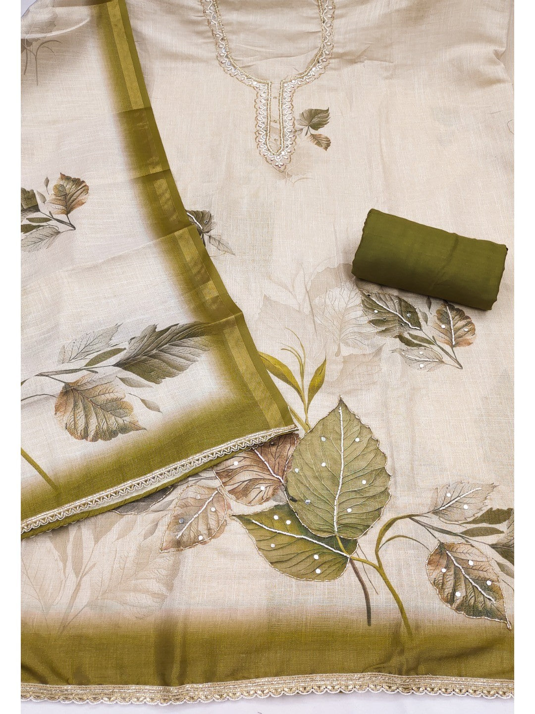 Beige & Green Linen Floral Printed Unstitched Suit Material for Stylish Traditional Outfits - Image 3