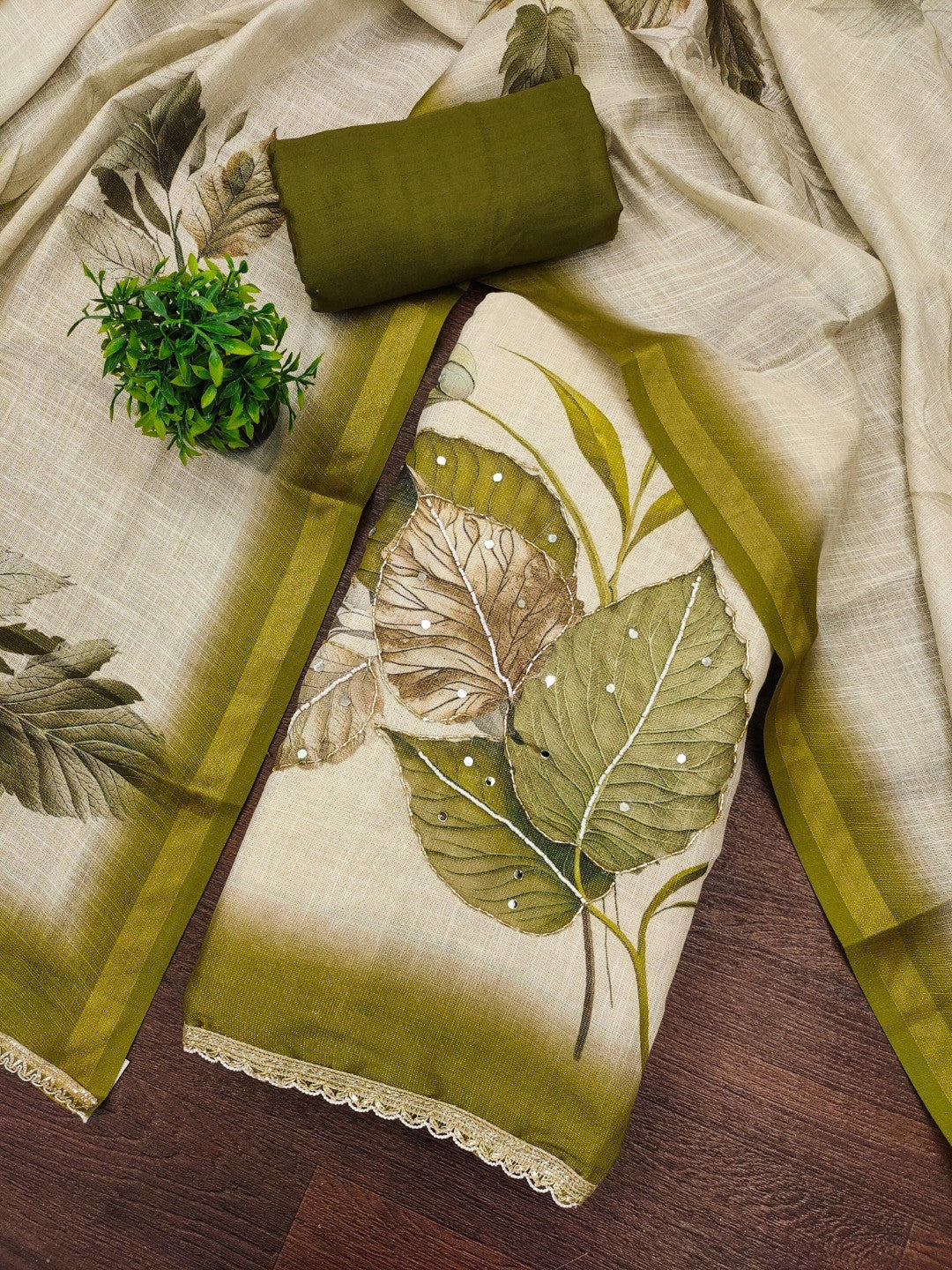 Beige & Green Linen Floral Printed Unstitched Suit Material for Stylish Traditional Outfits - Image 4