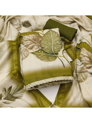 Beige & Green Linen Floral Printed Unstitched Suit Material for Stylish Traditional Outfits - Image 1
