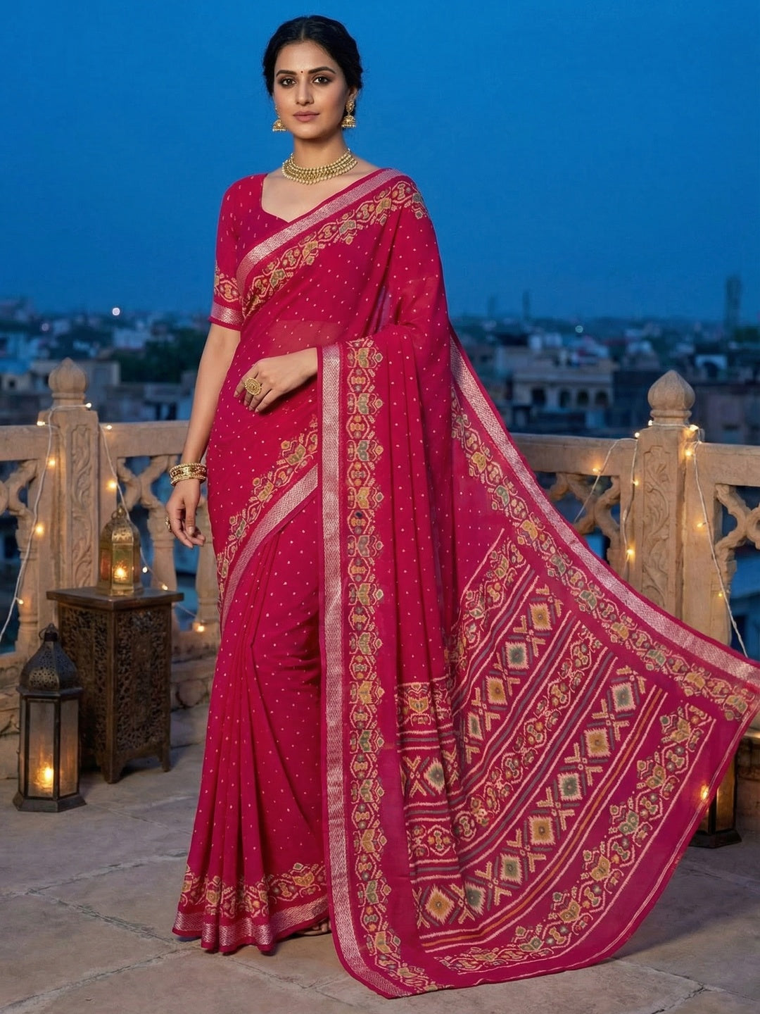 Trendy Pink Georgette Saree with Ikkat Inspired Print for Festive Celebrations - Image 1