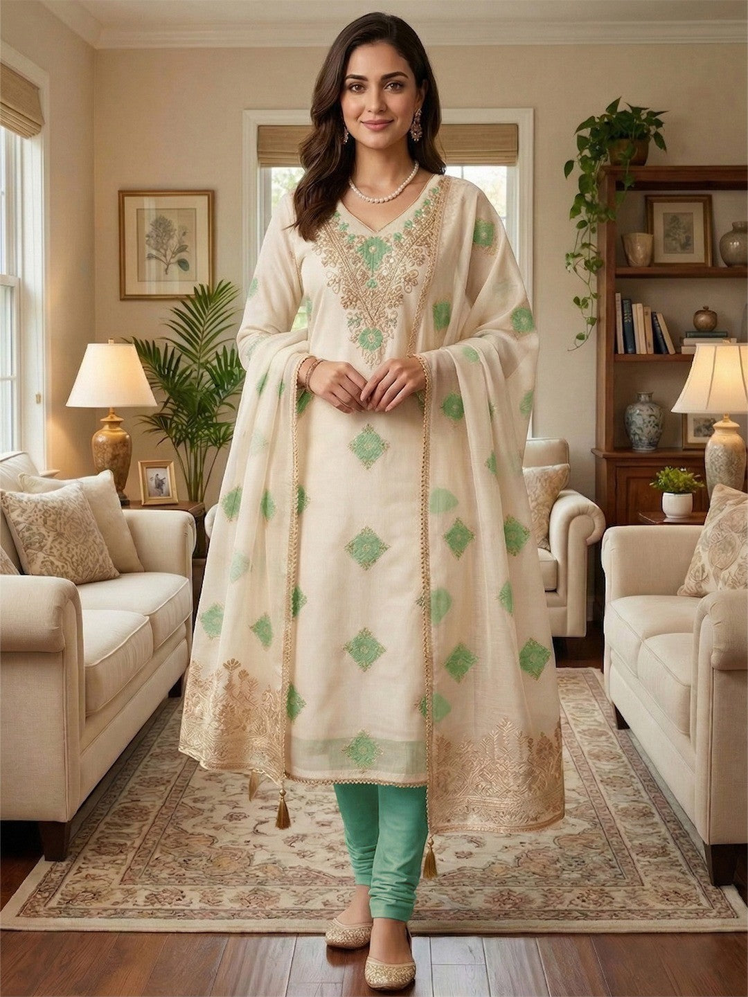 Graceful Cream & Green Floral Woven With Sequins Cording Embroidery Mulmul Cotton Dress Material - Image 2