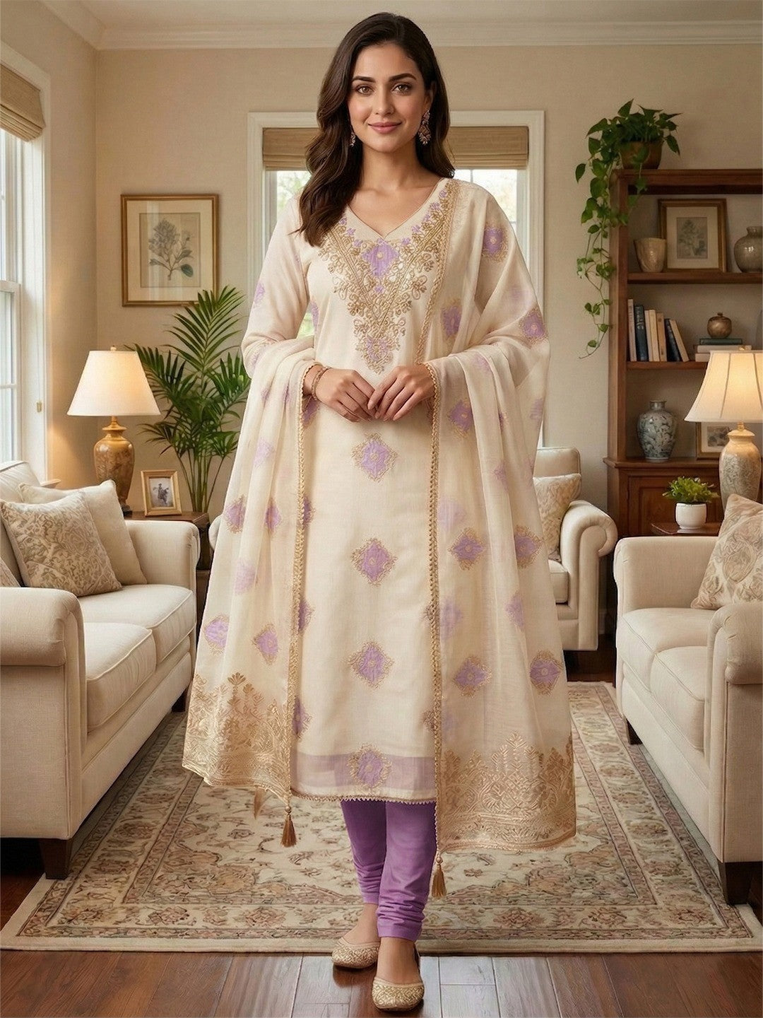 Graceful Cream & Lavender 'Floral Woven With Sequins Cording Embroidery Mulmul Cotton Dress Material - Image 2