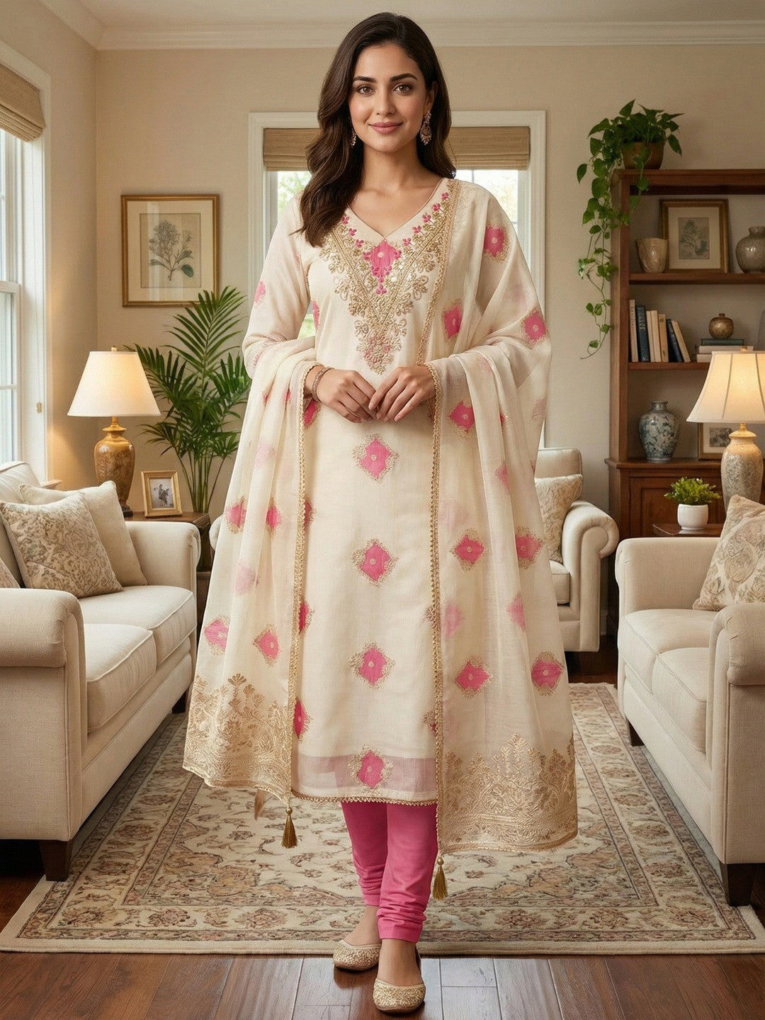 Graceful Cream & Pink Floral Woven With Sequins Cording Embroidery Mulmul Cotton Dress Material - Image 2