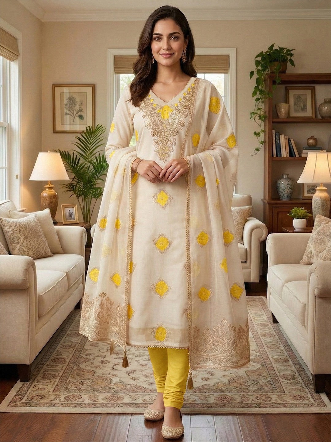 Graceful Cream & Yellow Floral Woven With Sequins Cording Embroidery Mulmul Cotton Dress Material - Image 2