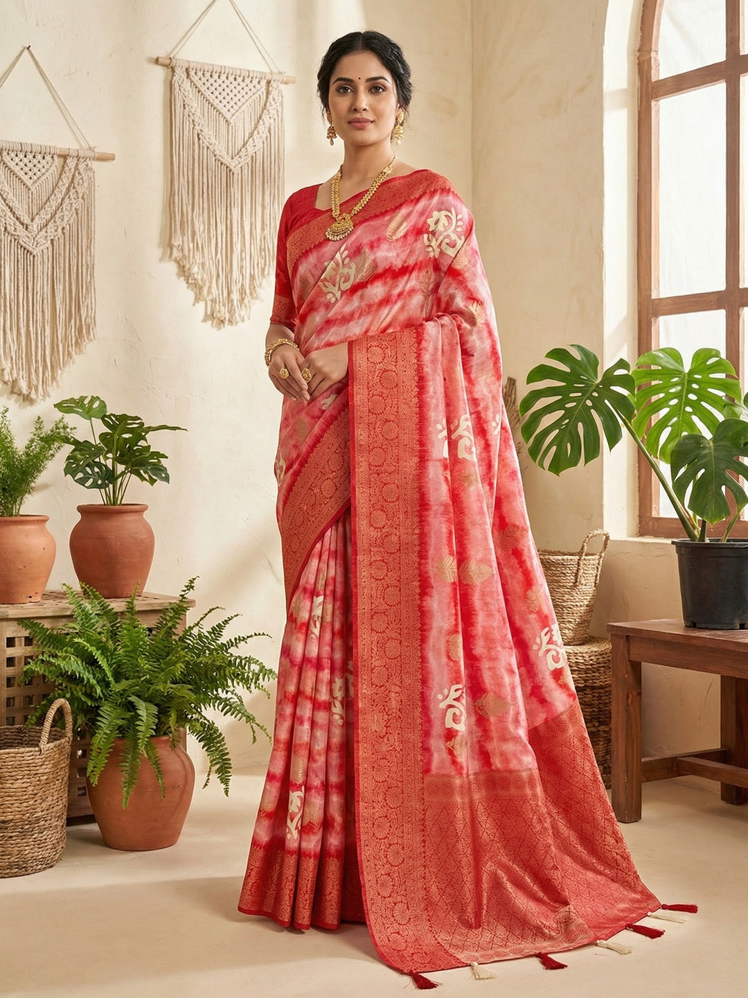 Elegant Red Bemberg Saree with Digital Print and Rich Pallu - Image 1