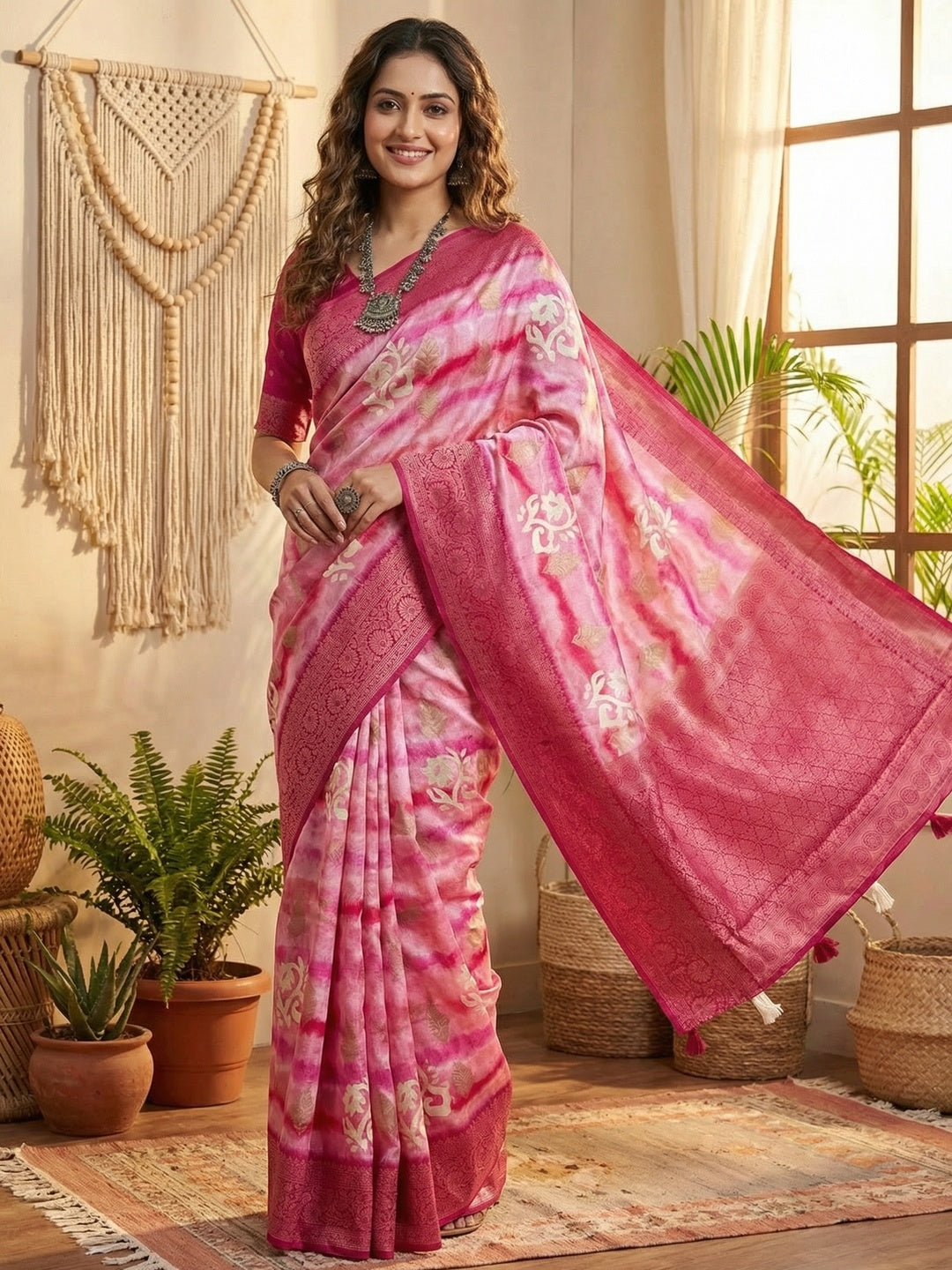 Elegant Pink Bemberg Saree with Weaving Rich Pallu & Digital Print - Image 1