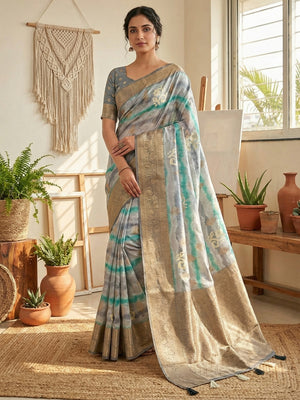 Elegant Grey Bemberg Saree with Digital Print and Rich Pallu - Image 1