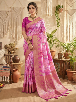 Pink Bemberg Saree with Weaving Rich Pallu & Digital Print - Image 1