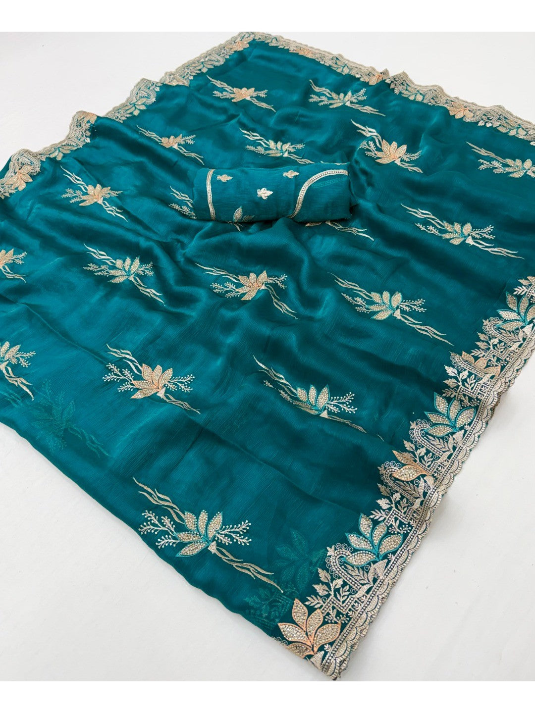 Elegant Teal Satin Saree with Floral Embroidery and Detailed Border - Image 3