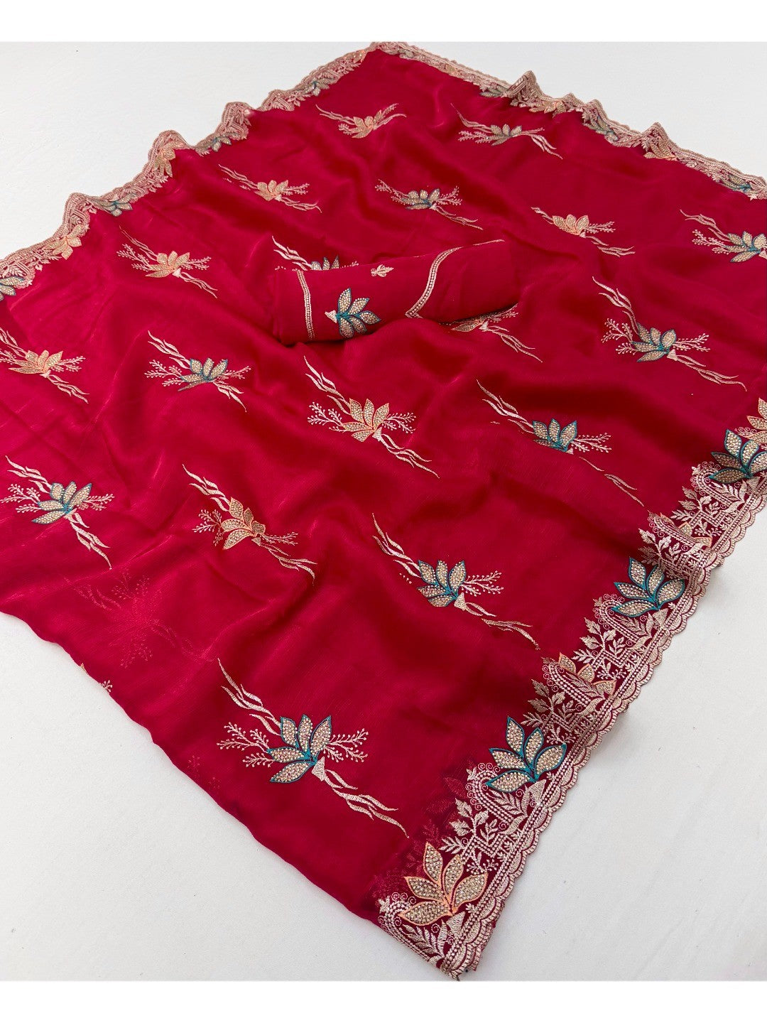 Elegant Red Satin Saree with Designer Embroidery and Stone Work - Image 2