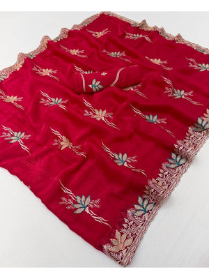 Elegant Red Satin Saree with Designer Embroidery and Stone Work - Image 2