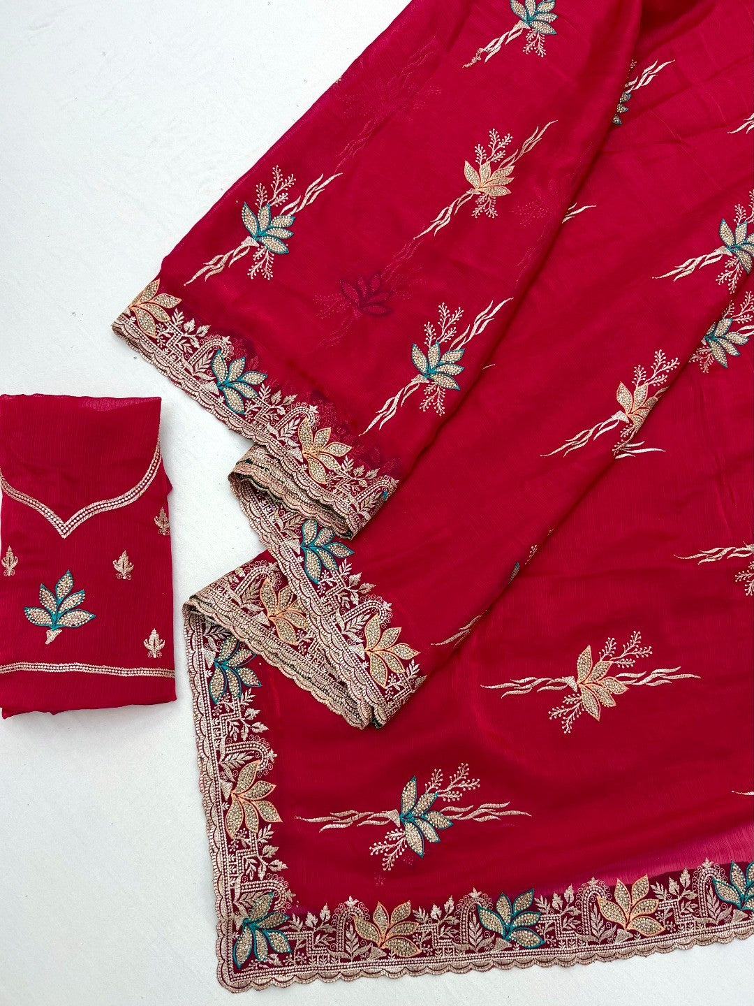 Elegant Red Satin Saree with Designer Embroidery and Stone Work - Image 3