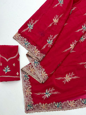 Elegant Red Satin Saree with Designer Embroidery and Stone Work - Image 3
