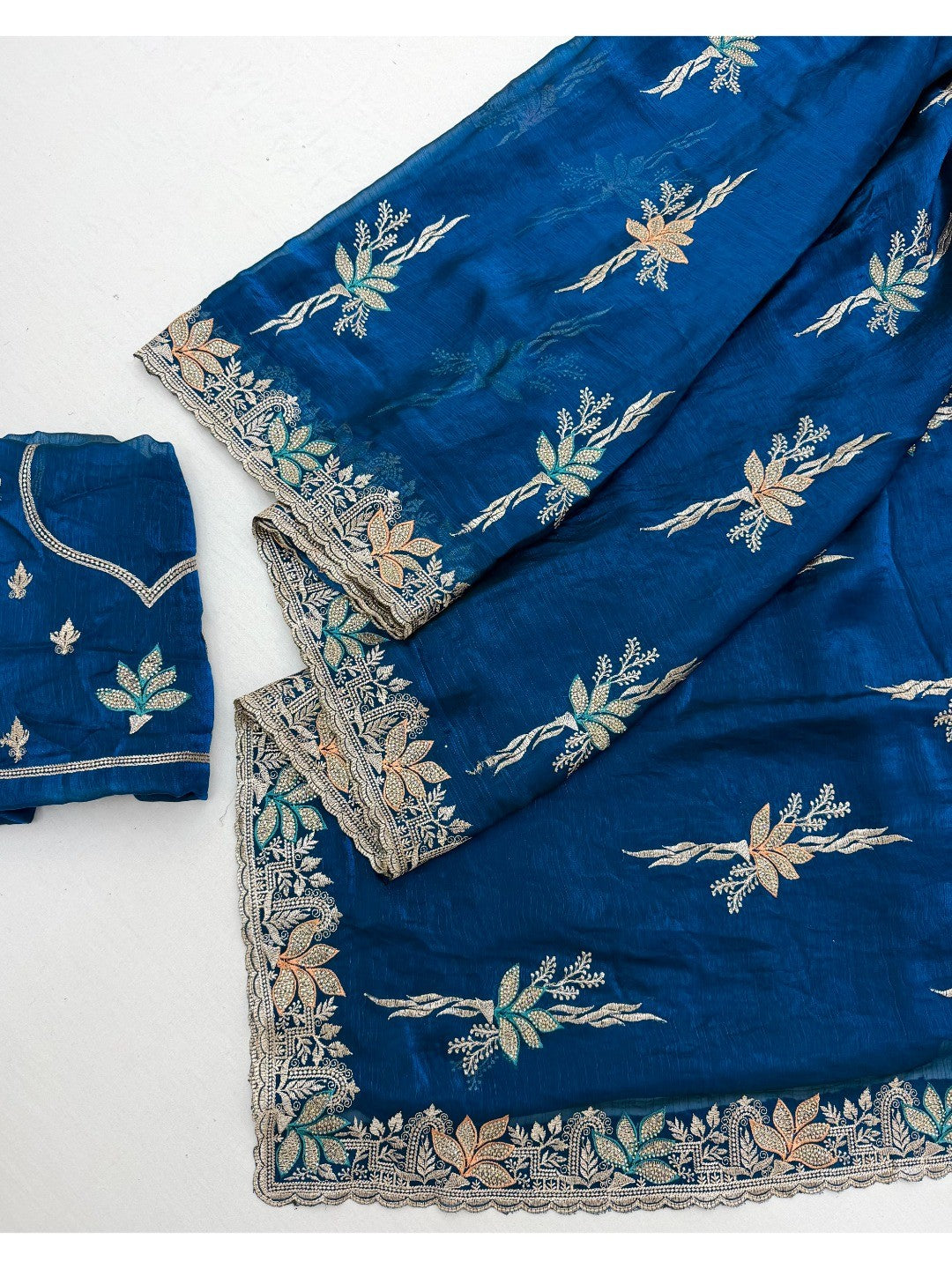 Elegant Blue Satin Saree with Designer Embroidery and Stone Work - Image 3