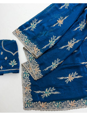 Elegant Blue Satin Saree with Designer Embroidery and Stone Work - Image 2