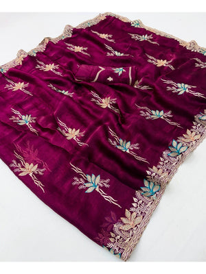 Wine Satin Saree with Designer Embroidery and Stone Work - Image 2