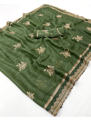 Olive Georgette Saree with Floral Embroidery and Stone Work - Image 2