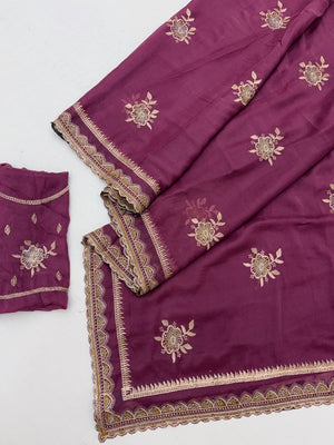 Wine Georgette Saree with Floral Embroidery and Scalloped Border - Image 2