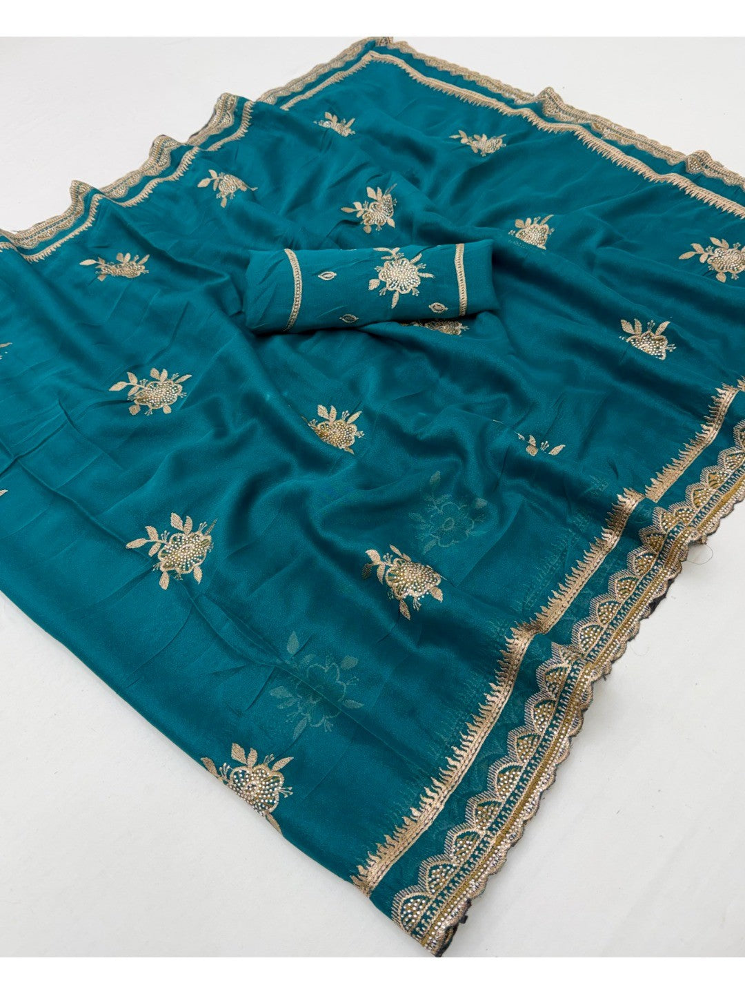 Teal Georgette Saree with Stone Work and Embroidered Floral Design - Image 4