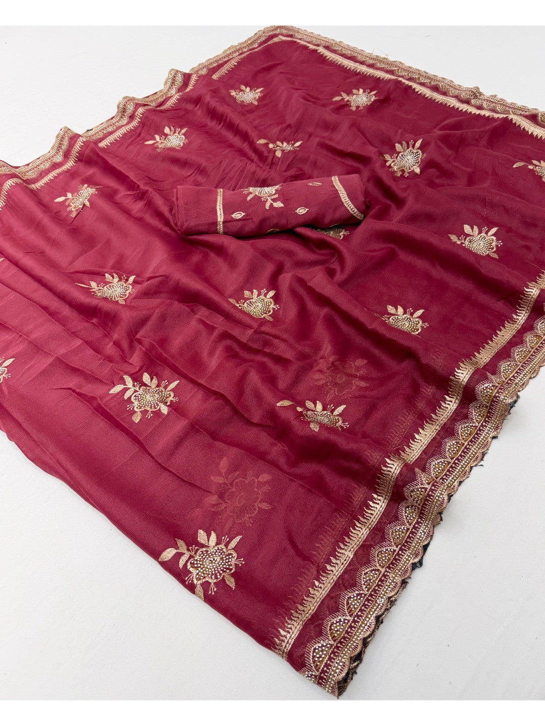 Maroon Georgette Saree with Floral Embroidery and Stone Work - Image 2