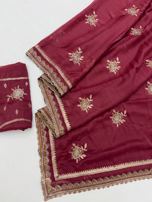 Maroon Georgette Saree with Floral Embroidery and Stone Work - Image 2