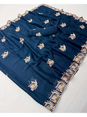 Rama Blue Georgette Saree with Embroidered Motifs and Border - Image 2