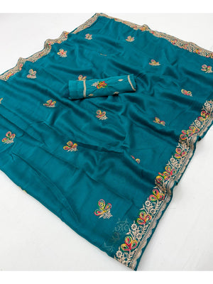 Teal Georgette Saree with Embroidered Floral Design and Border - Image 2
