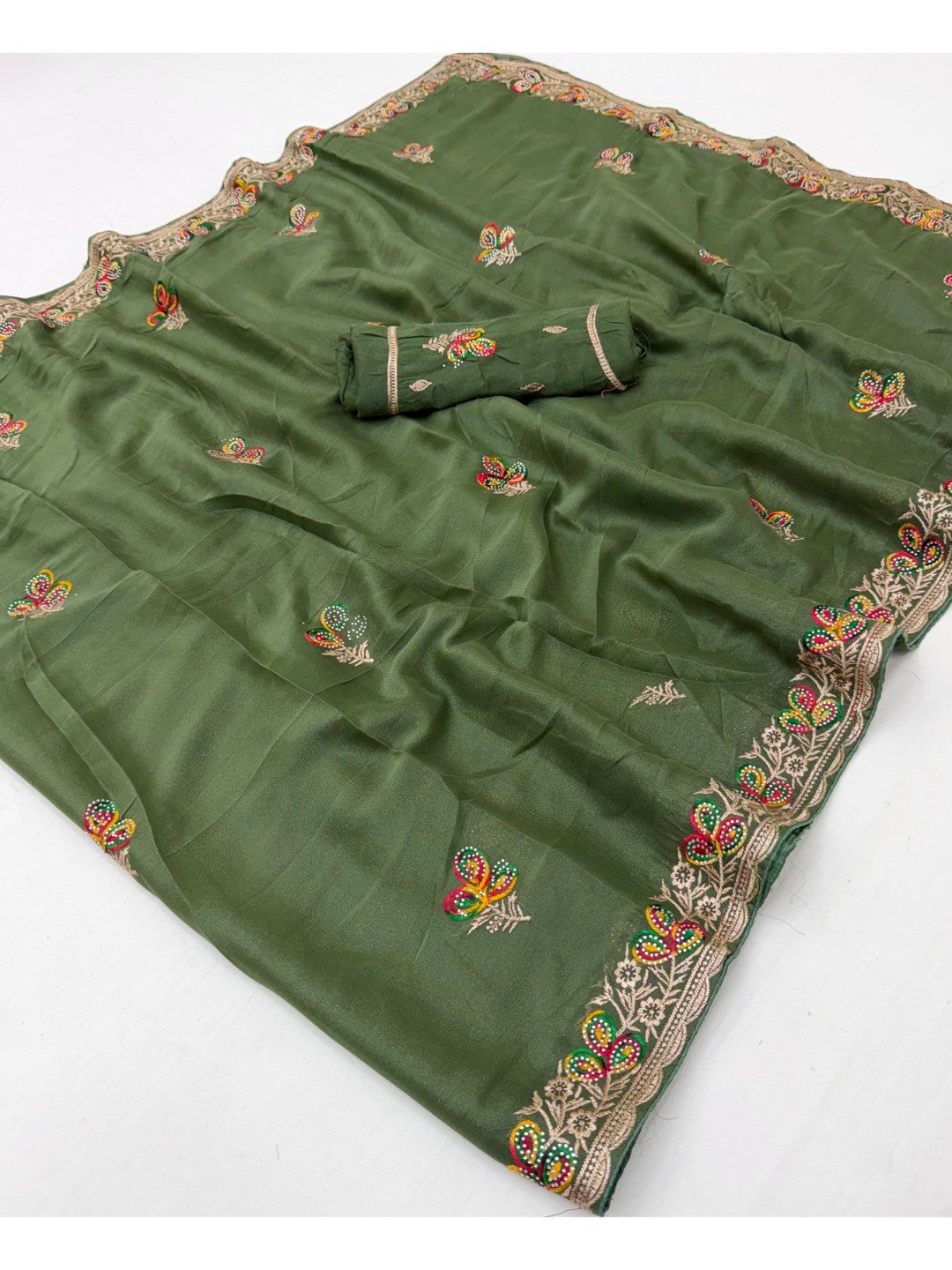 Exclusive Green Georgette Saree with Delicate Floral Border Work - Image 2