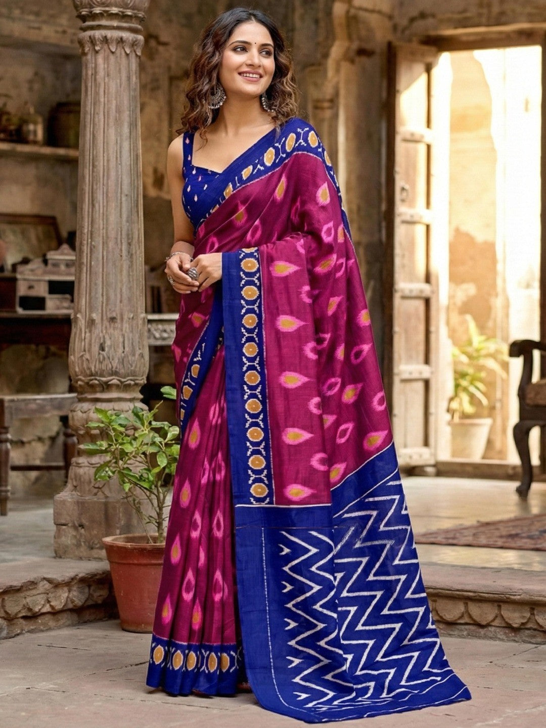 Trendy Pink Ikkat Print Mulmul Cotton Saree With Stylish Zig Zag Pattern Pallu - Image 1