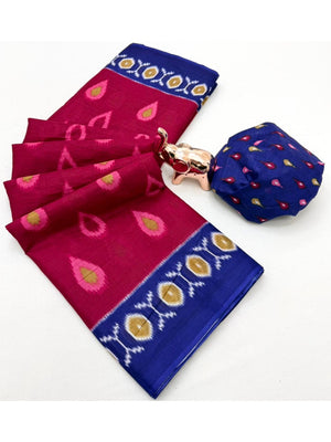 Trendy Pink Ikkat Print Mulmul Cotton Saree With Stylish Zig Zag Pattern Pallu - Image 2