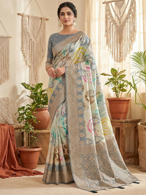 Elegant Grey Bemberg Saree with Digital Print and Rich Weaving Pallu - Image 1