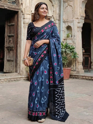 Trendy Slate Blue Ikkat Print Mulmul Cotton Saree With Stylish Zig Zag Pattern Pallu - Image 1