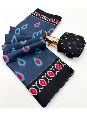 Trendy Slate Blue Ikkat Print Mulmul Cotton Saree With Stylish Zig Zag Pattern Pallu - Image 2