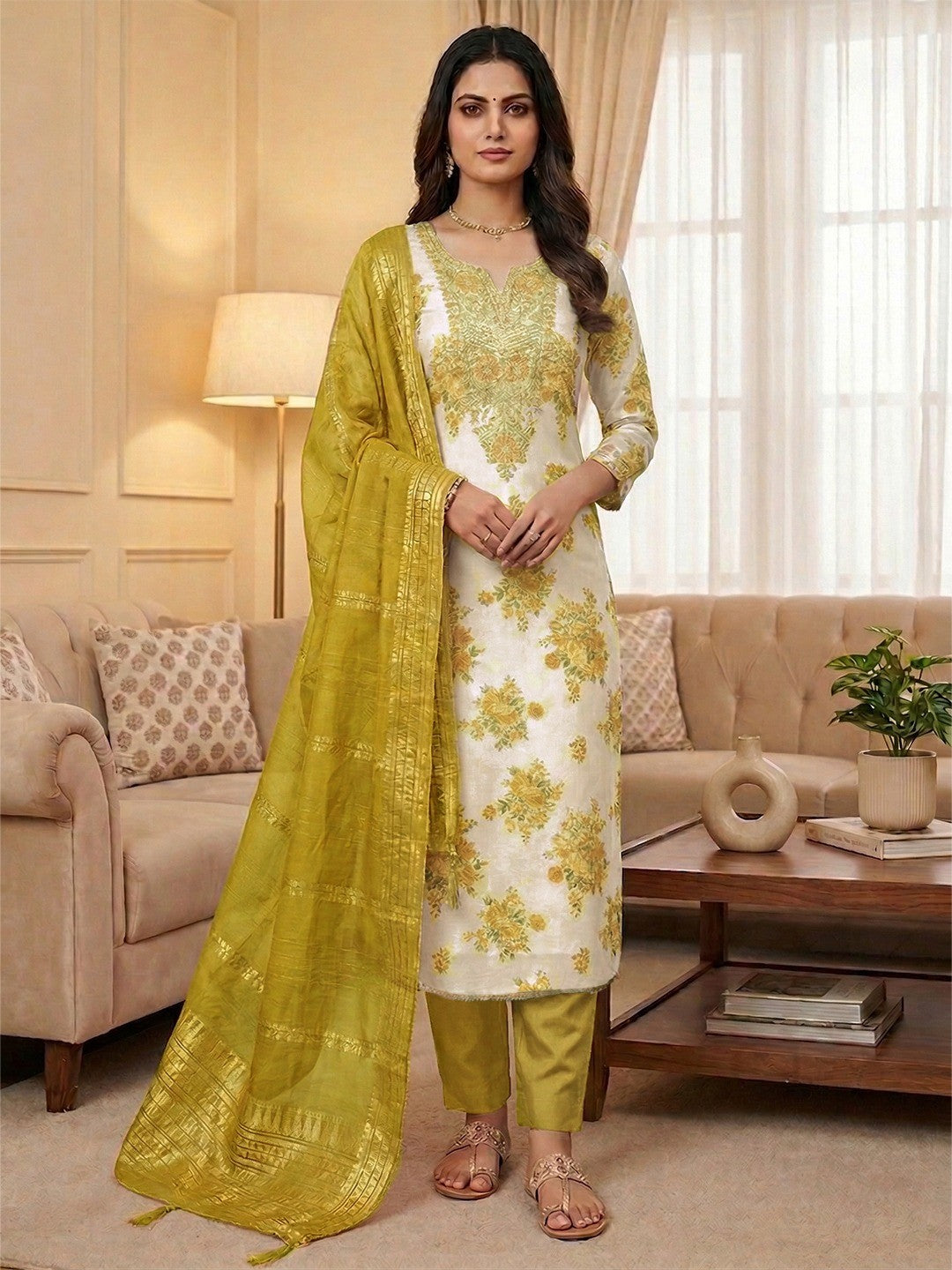 Classic Mustard Floral Printed With Cording Embroidered Shimmer Dress Material - Image 2