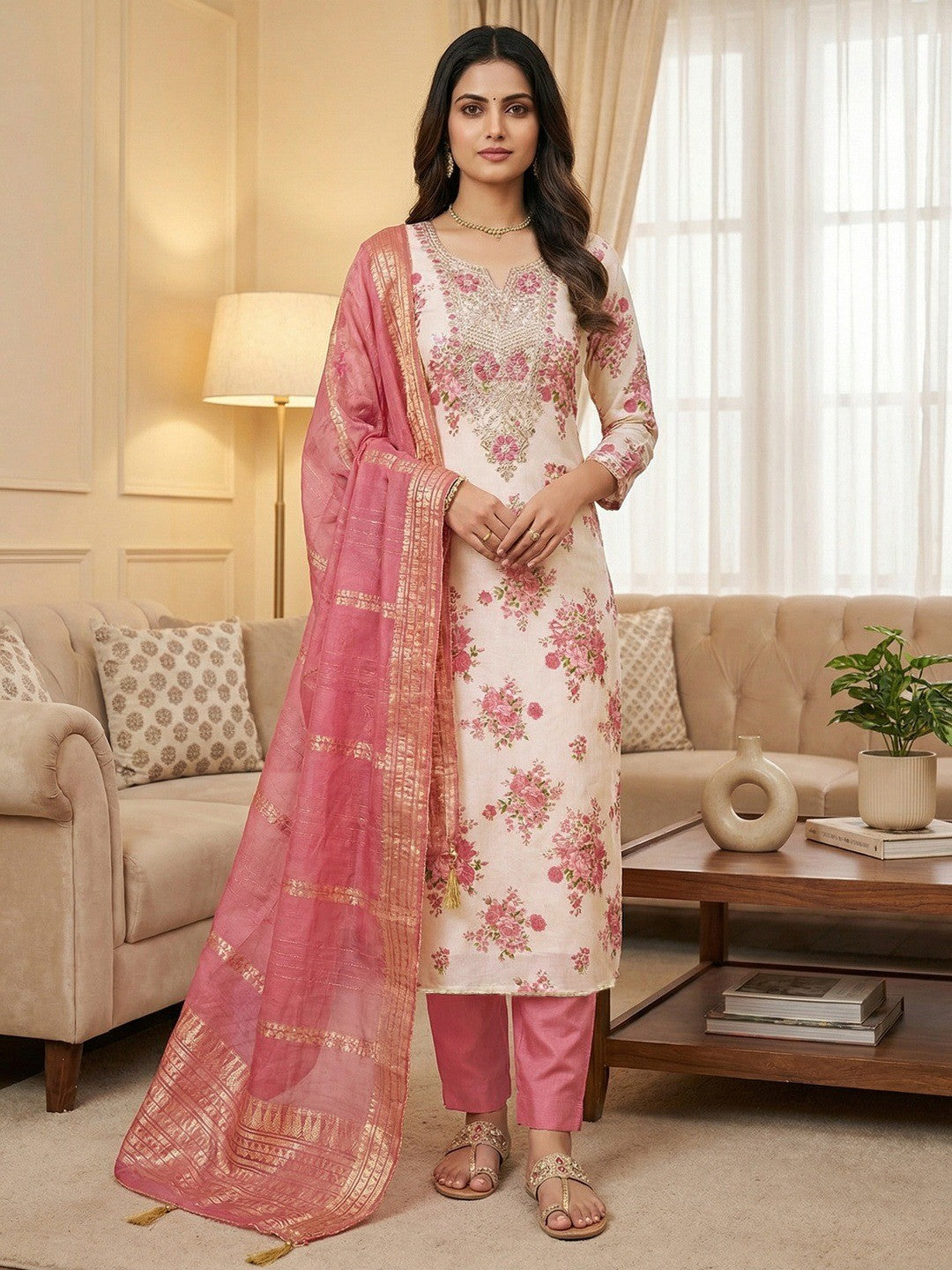 Classic Pink Floral Printed With Cording Embroidered Shimmer Dress Material - Image 2
