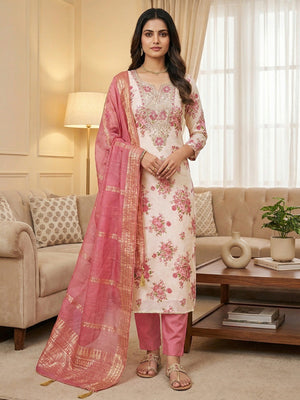 Classic Pink Floral Printed With Cording Embroidered Shimmer Dress Material - Image 2