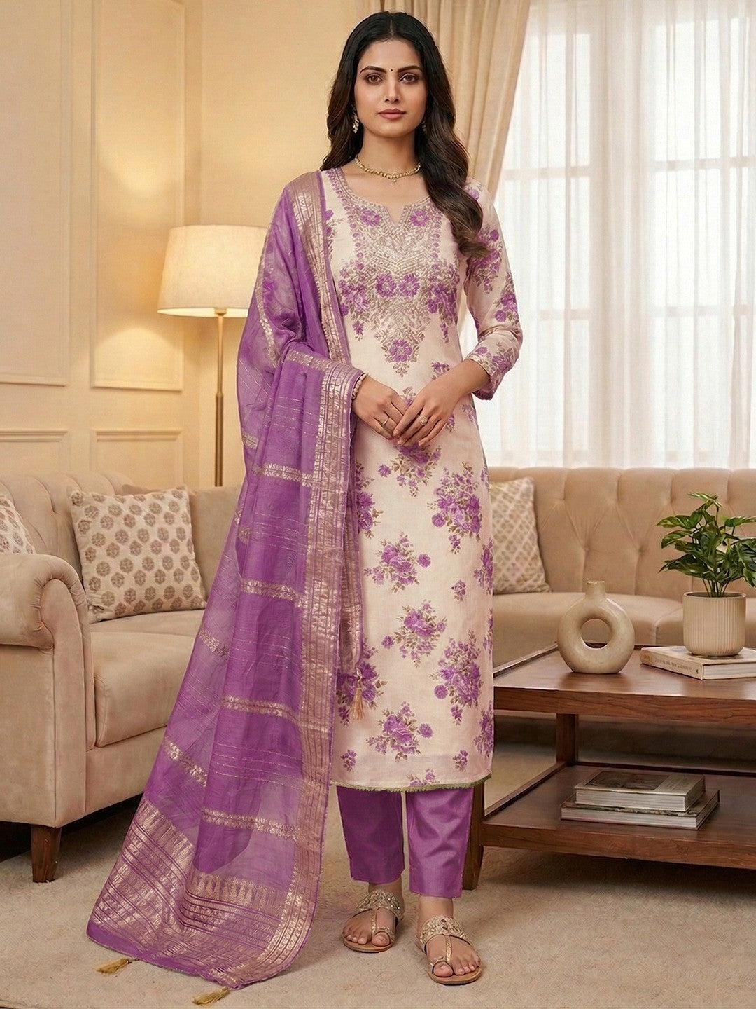 Classic Purple Floral Printed With Cording Embroidered Shimmer Dress Material - Image 2