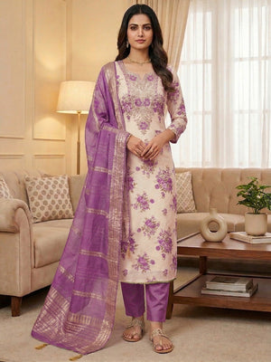 Classic Purple Floral Printed With Cording Embroidered Shimmer Dress Material - Image 2